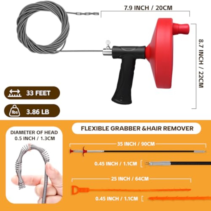 【Spot goods】Drain Auger 33 ft  - Drain Snake Flexible recension och pris